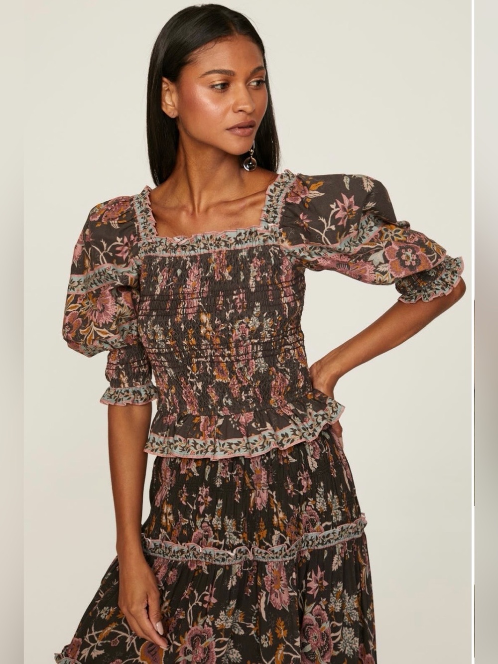 Sea New York~Dark Brown Floral Tess Smocked Puff Sleeve Top~Size Small~$265~